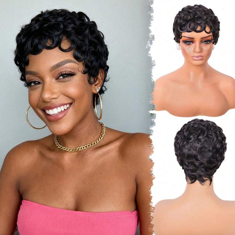 1 buah Wig Sintetis Pendek Keriting dengan Poni, Warna Hitam 1B, Cocok untuk Penggunaan Sehari-hari - Hitam - View 1