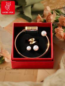 LUCKYFOX Women's Watch Gift Set Quartz Wristwatch Jewelry Combination Red Gift Box Girls Luxury Jewelry Gift Box Daily Commute Wear Various Holiday Gifts - Gold - View 2