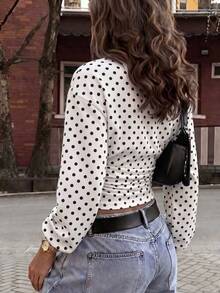 Casual Fashion Polka Dot Print Round Neck Ruched Waist Slimming Women's T-Shirt, Autumn/Winter New Arrival - White - View 6