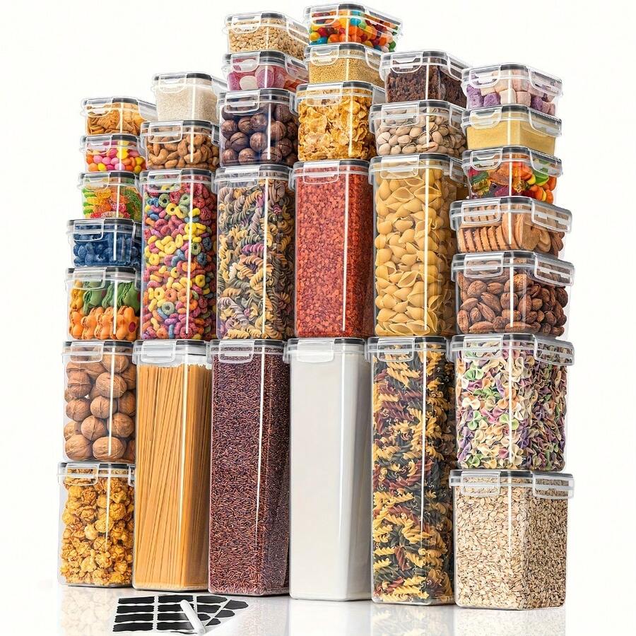32-Piece Airtight Kitchen Storage Set: Stackable Plastic Canisters For Cereal, Pasta, Flour & Sugar – Includes Reusable Labels & Fine-Tip Marker For Custom Organization - View 1