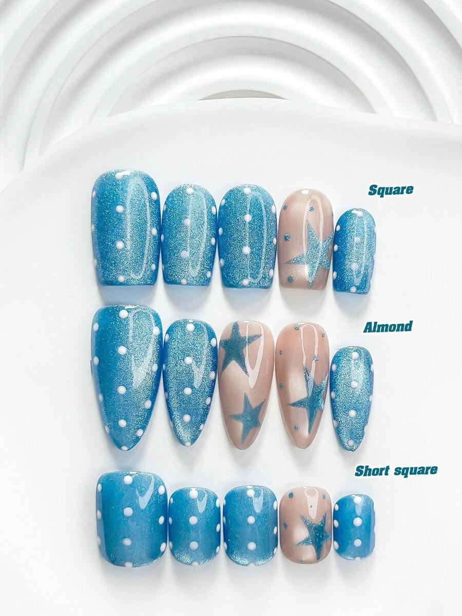 10片裝極簡手工穿戴甲,Poly Gel 凝膠美甲套組,波點與星星圖案,藍色指甲油,低調風格,附美甲工具,3種尺寸可選:方形、短方形、杏仁形,適合派對、跳舞、日常穿戴 - 彩色 - 查看 1