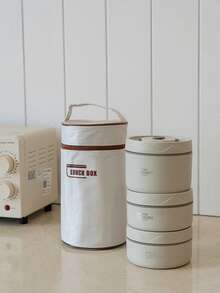 Haus Hana 3件/4件/5件多层微波炉便携式保温食品容器午餐盒不锈钢便当盒隔热防漏热午餐袋套装 - 米色 - 查看 2