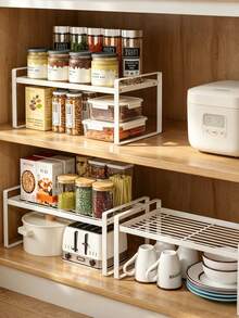 1pc Heavy Duty Non-Slip Cabinet Storage Rack, Suitable For Kitchen, Bathroom, Storage Room And Office, Adjustable Multi-Function Shelf For Organizing Spices, Coffee, Books And Supplies, Black/White Space-Saving Rack, Home Goods, Teacher's Day, World Cup - White - View 2