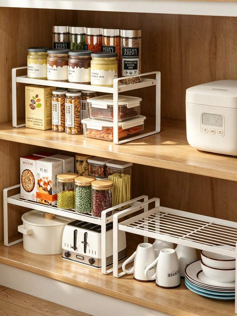 1pc Heavy Duty Non-Slip Cabinet Storage Rack, Suitable For Kitchen, Bathroom, Storage Room And Office, Adjustable Multi-Function Shelf For Organizing Spices, Coffee, Books And Supplies, Black/White Space-Saving Rack, Home Goods, Teacher's Day, World Cup