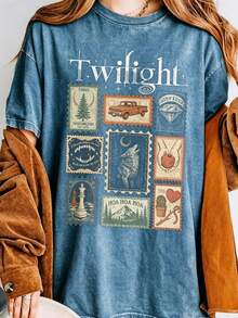 Vintage Twilight Movie Women T-Shirt, Retro Vampire And Wolves Graphic Tee, Y2K Oversized Classic 2000s Film Aesthetic Apparel, GothicHorror Romance - 藍色1 - 查看 2