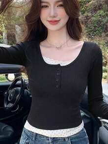 女款鈕扣半開襟長袖修身羅紋T恤 - 黑色 - 查看 5