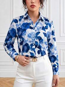 Vibrant Floral Print Colorful Casual Long Sleeve Shirt - Blue and White - View 4