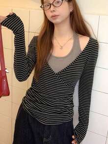 Women's Autumn Layering Base Top, Premium 2 In 1 T-Shirt, Black Long Sleeve Unique Elegant Blouse - Grey - View 1