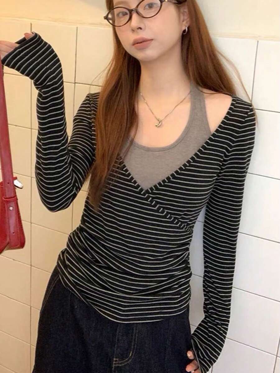 Women's Autumn Layering Base Top, Premium 2 In 1 T-Shirt, Black Long Sleeve Unique Elegant Blouse - Grey - View 1
