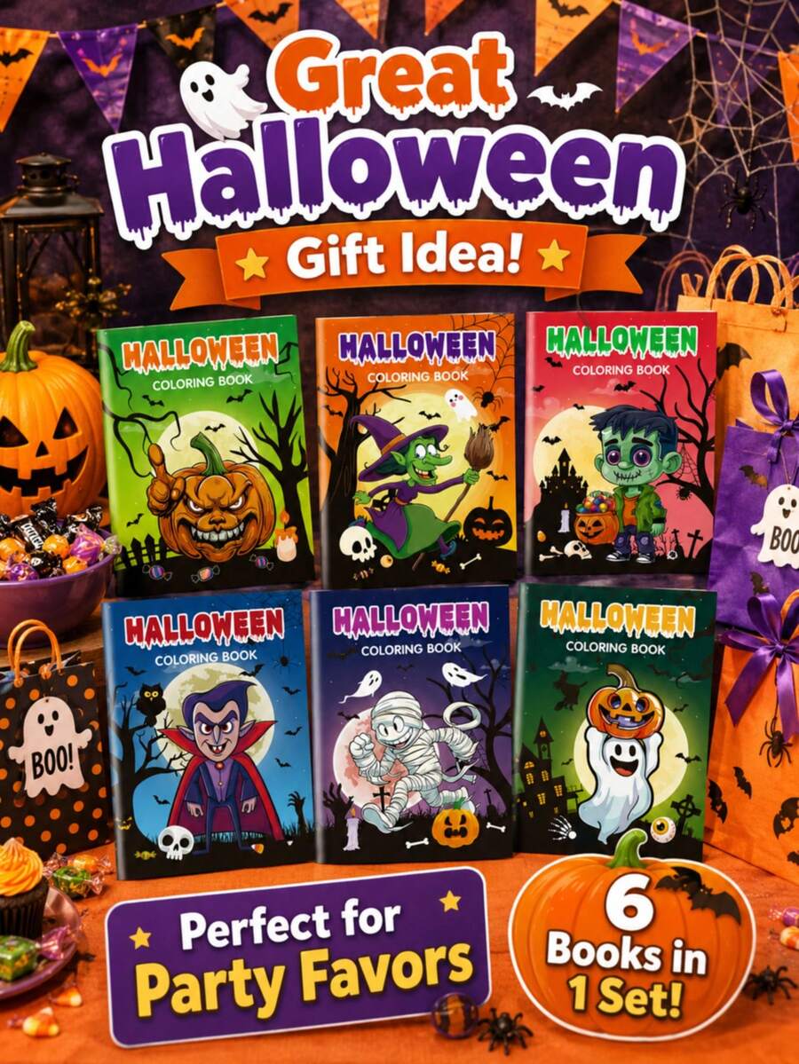 6PCS Halloween Coloring Book Set, Children's Cartoon Doodle Party Funny Pumpkin Coloring Book, Mummy Vampire Cartoon Coloring Book Compact And Easy To Carry, Travel Boredom Relief Educational Doodle Book, Holiday Gift For Boys And Girls