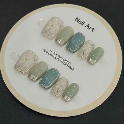 10pcs Handmade Nail Art Stickers, Olive Green Base With Delicate Floral Pattern, Cute French Short Style, Perfect Interpretation Of Spring Breeze