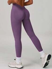 KyrLssu Plain High Rise V Waistback Sports Leggings, Stretch Skinny Workout Running Tights For Daily & Gym Wear - Purple - View 4