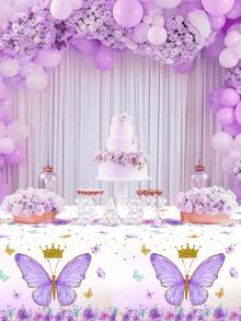 1Pc Disposable Plastic Tablecloth,Purple Butterfly Pattern Rectangle Table Cover For Princess Theme Bridal Shower Baby Shower Birthday Party Decor - Multicolor - View 9