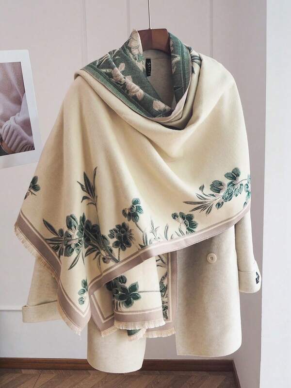 1PC Simple Elegant Floral Plant Pattern Jacquard Faux Cashmere Warm Scarf Cold-Proof Neck Warmer Women's Autumn/Winter Fashion Versatile Air Conditioning Shawl Blanket Suitable For Daily Matching And Decorative Use