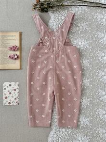 Baby Girl Pink Ditsy Floral Overalls, Adjustable Shoulder Straps, Vintage Versatile - Pink - View 7
