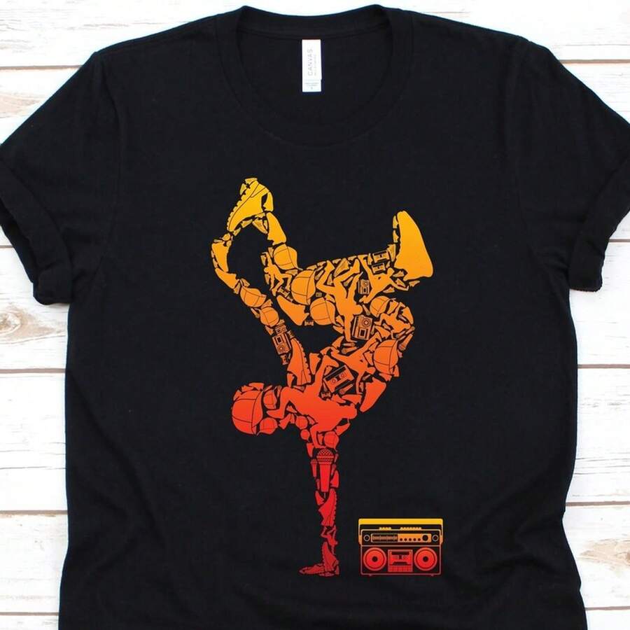 Breakdancer With Boombox T-Shirt, Hip Hop B-Boy Street Dancer Graphic Tee Unisex - Black - View 1
