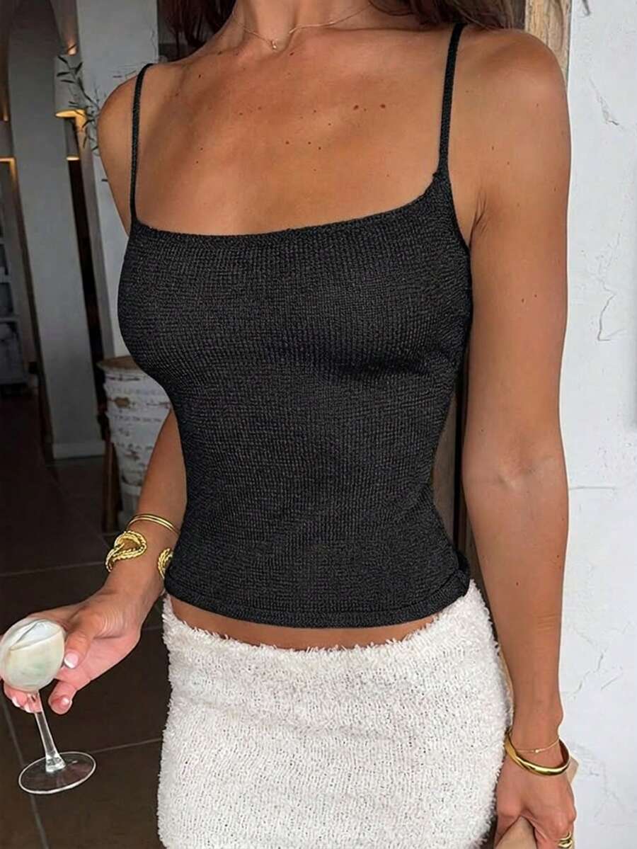 Women's Spring/Summer Solid Color Round Neck Slim Fit Casual Knit Sweater, Minimalist Retro Solid Color Camisole, Suitable For Commuting - Black - View 1