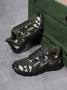 Women's Minimalist Solid Color Abstract Striped Decor Front Lace-Up Fabric Sneakers - Army Green - View 5