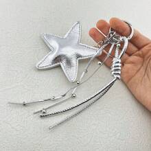 Shiny Silver PU Five-Point Star Shaped Key Chain With Multi-Layer Long And Short Silver Leather Tassels, Mini Metal Beads And Thick Silver Spiral Rope, Openable Silver Spring Key Ring, Universal For Girls, Backpack Charm, Car Key Pendant, Millennium Minimalist Style, Daily Affordable Small Gift - Silver - View 5