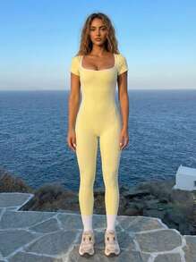 Never me Women's Contrast Trim Short Sleeve Back Cutout Open Back Square Neck Sports Jumpsuit Yoga Tight High Elasticity - Yellow - View 5