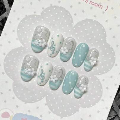 10pcs Short Oval Handmade Nail Stickers - Japanese Fresh Sweet Style: Mint Blue And Cream White Base With 3D Cherry Blossom And Musical Note Decor, Polka Dot And Stripe Details, Cute Healing Fake Nail Set | Handmade Glossy Finish, Short Oval Shape Suitable For Casual Daily Wear