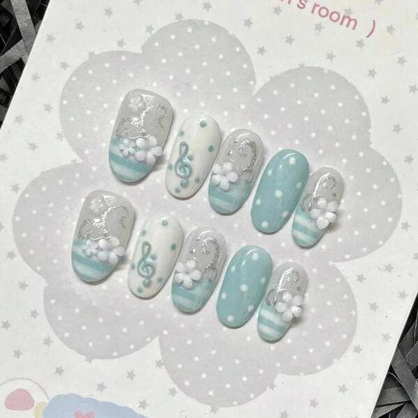 10pcs Short Oval Handmade Nail Stickers - Japanese Fresh Sweet Style: Mint Blue And Cream White Base With 3D Cherry Blossom And Musical Note Decor, Polka Dot And Stripe Details, Cute Healing Fake Nail Set | Handmade Glossy Finish, Short Oval Shape Suitable For Casual Daily Wear