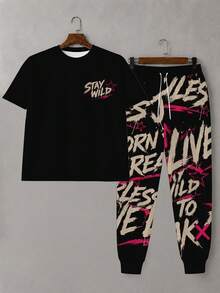 Plus Size Men's 2-Piece Set, Men's Long Pants, Graphic T-Shirt, Streetwear Series "Hip Hop Portrait Graffiti Font" Pattern Outfit - Polyester Fabric, Drawstring, Pockets, Suitable For Plus Size - Multicolor - View 3
