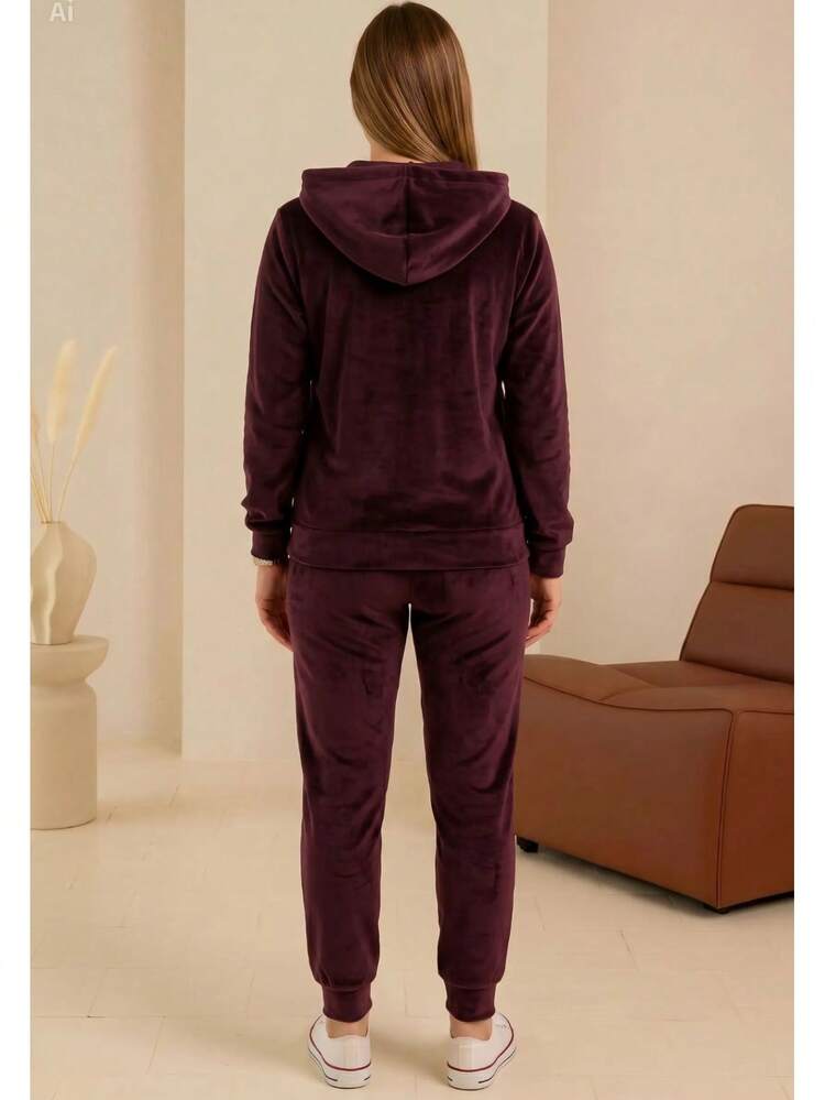 Women's Velour Tracksuit Set – Zip Hoodie With Pockets And Jogger Pants, Soft, Comfortable, Made In Poland - Burgundy - View 2