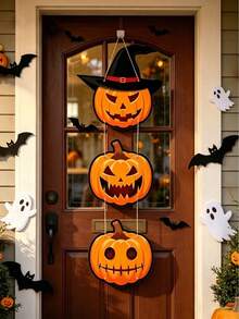 1pc/3pcs Stacked Pumpkin Door Hanging Decor With Witch Hat, Halloween Scary Jack-O'-Lantern Front Door Wall Decoration, Indoor/Outdoor Party Home Decor - View 4