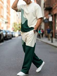 Men's Autumn/Winter Fashion Versatile Colorblock Wavy Wide Leg Pants & Short Sleeve Top Set - Multicolor - View 3