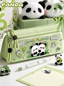 1 buah Kotak Pensil Segitiga Panda Kartun, Warna Hijau Matcha Segar, Kapasitas Besar, Tahan Lama, Berlapis, Portabel untuk Siswa, Kotak Penyimpanan Pensil, Penggaris, dan Penghapus, Perlengkapan Penting untuk Kembali ke Sekolah - beraneka warna - View 1