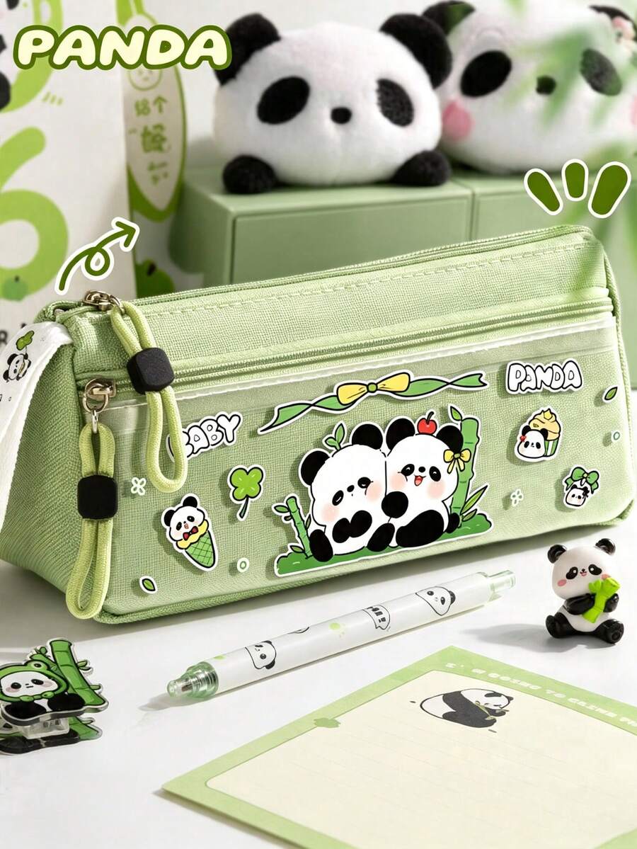 1 buah Kotak Pensil Segitiga Panda Kartun, Warna Hijau Matcha Segar, Kapasitas Besar, Tahan Lama, Berlapis, Portabel untuk Siswa, Kotak Penyimpanan Pensil, Penggaris, dan Penghapus, Perlengkapan Penting untuk Kembali ke Sekolah - beraneka warna - View 1