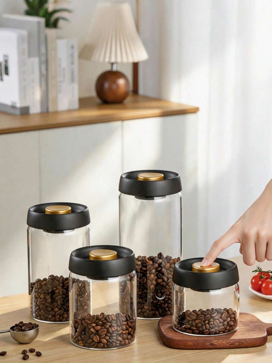 真空密封玻璃儲存罐附手動幫浦，多尺寸氣密食品咖啡豆密封罐，防潮穀物乾糧儲存容器，多功能廚房檯面櫥櫃收納裝飾罐