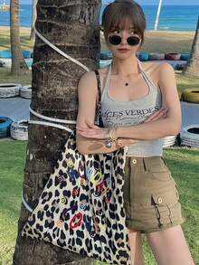 日韓風 INS 豹紋拼色女款大容量通勤外出日常購物帆布托特包，小眾設計腋下單肩手提包 - 彩色 - 查看 4