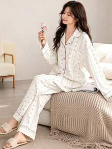 AICJ 2pcs/Set Casual Loose Striped Print Long Sleeve Top And Pants Pajama Set, Warm For Spring, Autumn & Winter, Fall Clothes - White - View 1