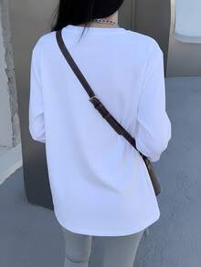 Bright White Long Sleeve Top, Loose Fit With Dropped Shoulder And Split Hem Design, Early Autumn Vibrant Girl Style Slimming Casual T-Shirt - White - View 5