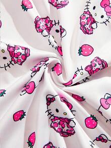 Sanrio 1件裝女款 Hello Kitty 粉色與白色草莓可愛印花 V領對比蕾絲側開衩荷葉邊露背睡裙 - 粉色 - 查看 8