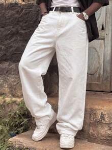 Y2K Retro Style Men's Black Vintage Washed Loose Straight Leg Jeans, Perfect Gift For Husband Or Boyfriend - White - View 2