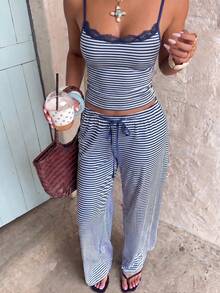 Minimalist Camisole Top And Drawstring Waist Sweatpants Set - Royal Blue - View 1