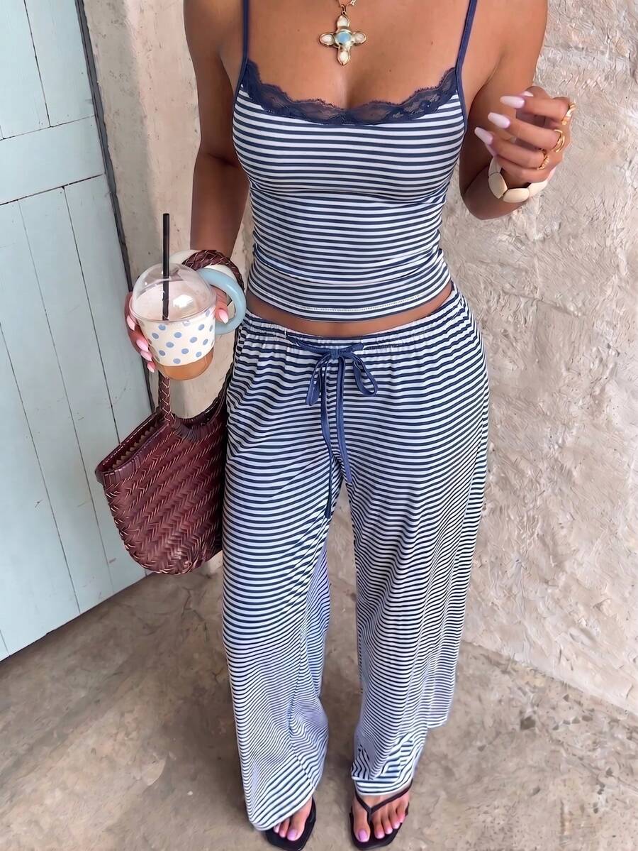 Minimalist Camisole Top And Drawstring Waist Sweatpants Set - Royal Blue - View 1