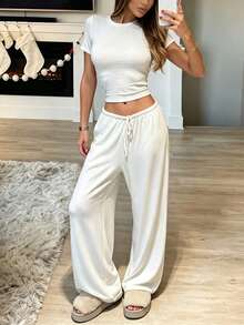 Women's White Crew Neck Short T-Shirt And High Waist Wide Leg Pants Casual 2 Pieces Set, Medium Stretch, Suitable For Summer - White - View 7