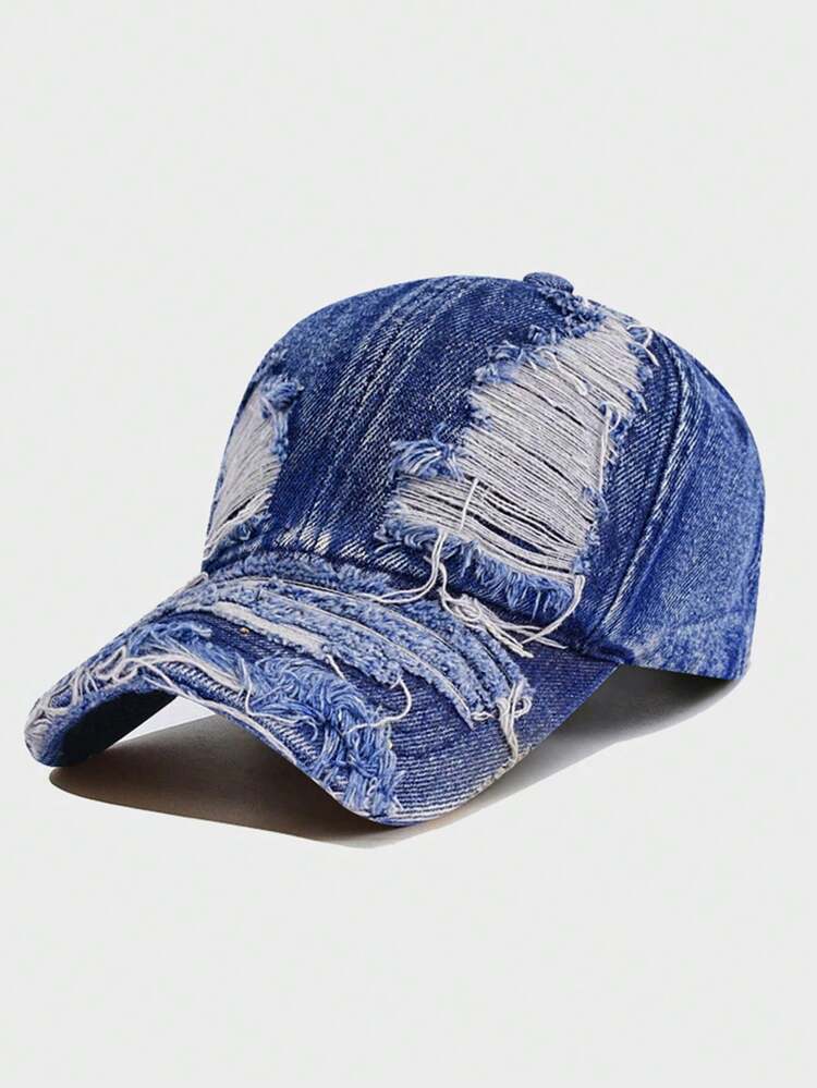 1pc Washed Distressed Ripped Denim Baseball Cap, Unisex Couple Matching Hat, Outdoor Versatile All-Season Soft Crown Curved Brim Cap - Multicolor - View 11