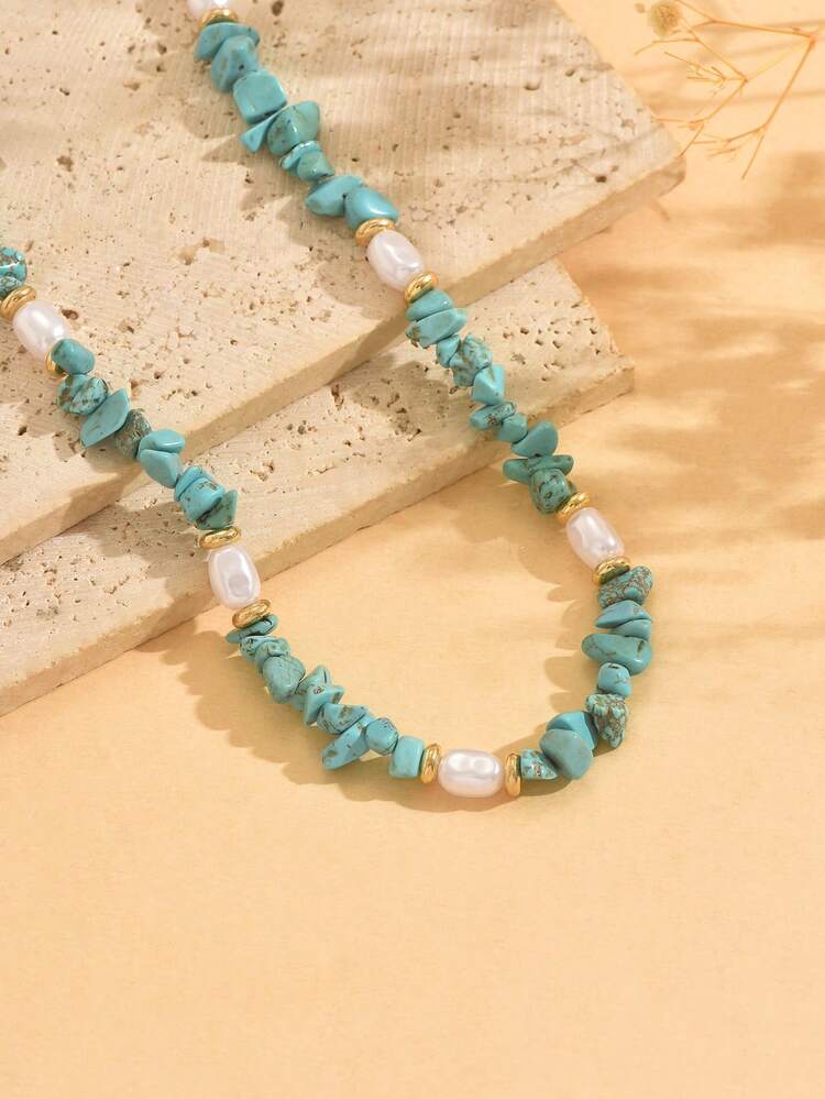 1pc Bohemian Style Fashion Versatile Crushed Stone & Faux Pearl Beaded Collarbone Necklace, Women's Jewelry Suitable For Daily Wear, Vacation And Music Festival, Random Shape, Size And Surface Pattern Of Crushed Stones, Number Of Beads Varies By Length - Multicolor - View 3