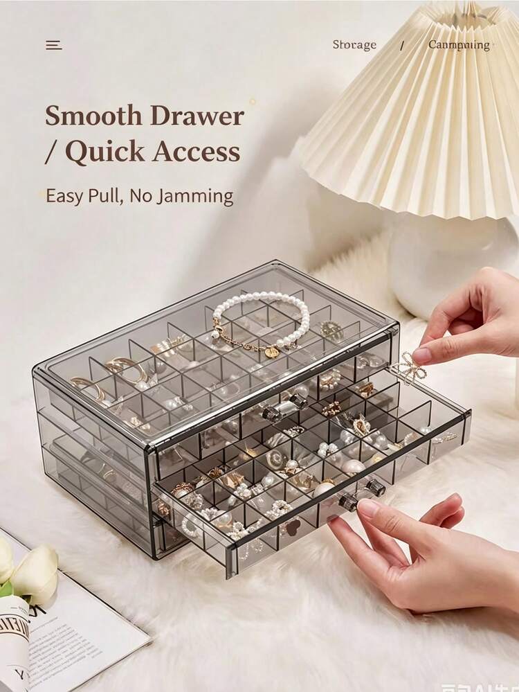 1pc Large Capacity 72-Slot Acrylic Jewelry Box, Transparent Multi-Layer Stackable Drawer Organizer, Jewelry Storage & Organization, Holiday Gift - Transparent - View 8