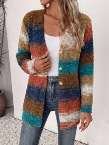 Women's Vintage Gradient Color Cardigan, Comfortable Long Sleeve Button Knit Jacket, Casual Loose Fit, Suitable For Autumn/Winter Wear And Vacation - Gradient Colors - View 4