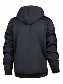 Men's Winter Cashmere Lined Hooded Jacket, Large Pockets And Print Design, Drawstring Hood Full Zip Cardigan Jacket, Fashion Streetwear - Black - View 3