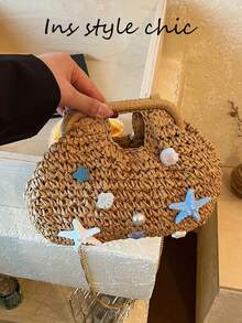 Beach Woven Handbag, Starfish Shell Pearl Decorated Rattan Handle Bag, With Detachable Metal Chain Shoulder Strap, Suitable For Summer Vacation - Khaki - View 4
