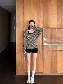 Women's Striped Outerwear Cover-Up Loose Casual T-Shirt Top For Spring (No Lining) - Picture Color - View 4