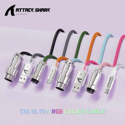 ATTACK SHARK C01 울트라 코일 USB C to A 케이블, 기계식 키보드용, RGB 라이트 플러그, 이중 슬리브 게이밍 케이블, 분리형 메탈 에비에이터, 인기 게이밍 콘솔 키보드 마우스용