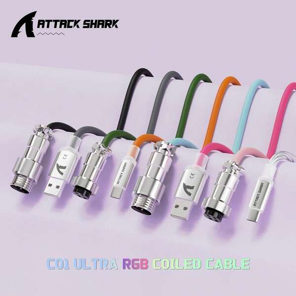 ATTACK SHARK C01 Ultra 螺旋 USB C 轉 A 線，適用機械鍵盤，RGB 燈插頭，雙層編織電競線，附可拆卸金屬航空接頭，適用熱門遊戲主機、鍵盤與滑鼠